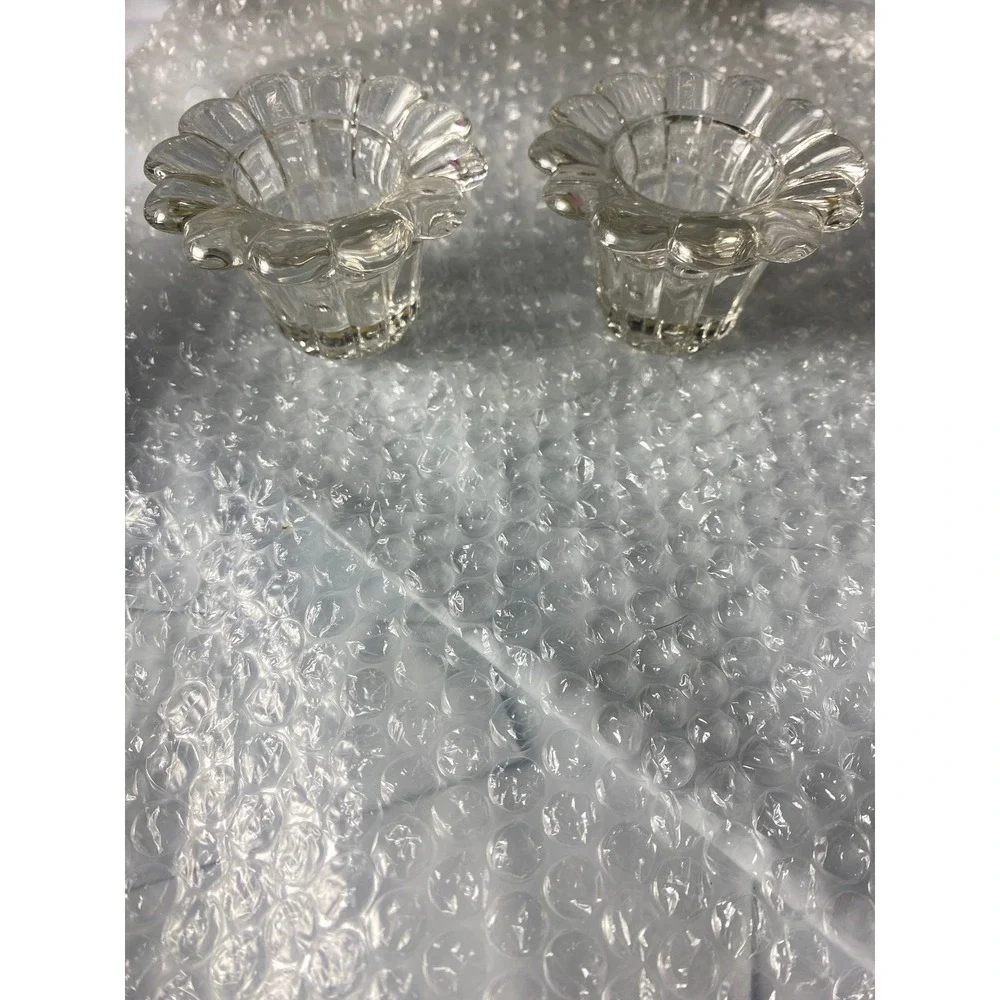 Vintage Clear Glass Scalloped Flower Petal Candle Holder Set of 2 Votive Taper
